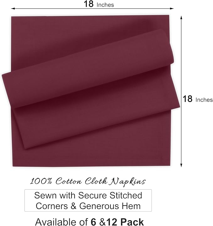 Ruvanti Premium Cloth Napkins Set of 6, 18x18 Inches, 100% Cotton, Washable, Soft & Absorbent, Perfect for Wedding, Christmas, ‎Thanksgiving Dinners - Burgundy