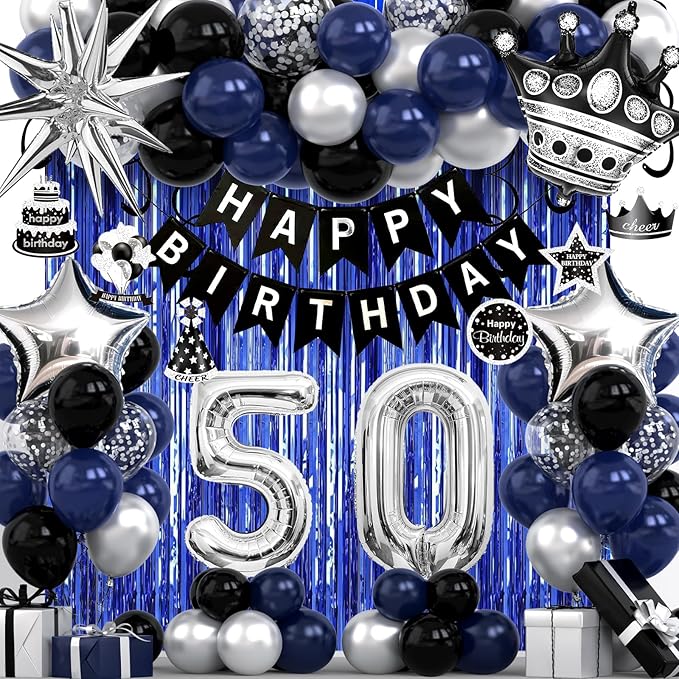 50th Birthday Decorations for Men and Women, Black Blue Silver Happy Birthday Number 50 Balloons, Banner, Fringe Curtains Garland Kit - 50 Year Old Party Supplies