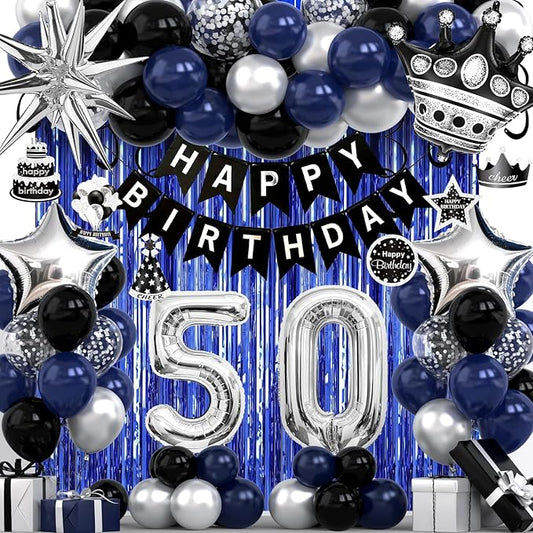 50th Birthday Decorations for Men and Women, Black Blue Silver Happy Birthday Number 50 Balloons, Banner, Fringe Curtains Garland Kit - 50 Year Old Party Supplies