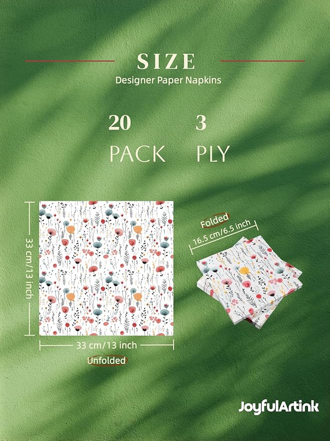 20 pcs Premium Designer Paper Napkins, 3-Ply 6.5x6.5-inches Disposable Decorative Fall Paper Guest Floral White Napkin for Wedding Birthday Anniversary Lunch Dinner Party Baby Shower