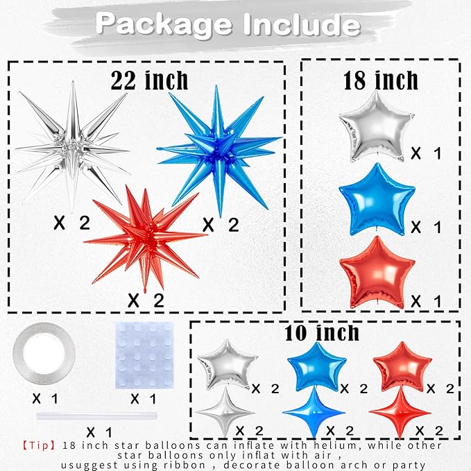 21 Pcs Star Balloons,22/18/10 Inch Star Foil Mylar Balloon,Spike Balloon and Four Pointed Balloons for Party Supplies Christmas Birthday Wedding Photo Booth (Silver Red Blue)