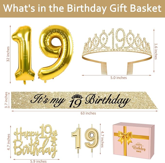 19th Birthday Decorations for Girls Gold with 19th Birthday Tiara and Sash, Cake Topper and Candles, Number Balloons, 19 Year Old Gifts for Girls