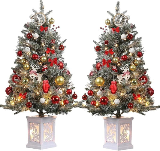 3 ft Prelit Christmas Tree with 78 Warm Lights & Red Berry, Artificial Xmas Trees with Snowflake Light Box Base, for Home, Office, Fireside Christmas Decoration, Set of 2