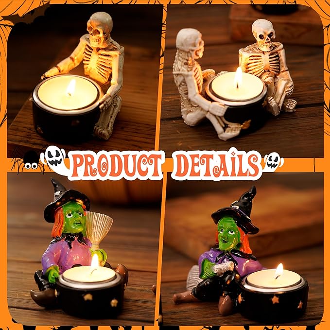 Candle Holder Halloween Skull Witch Decoration Candlestick Horror Spooky Decoration for Halloween Themed Home Table Desk Decor,4 Packs