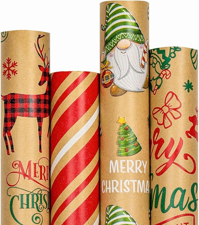 MAYPLUSS Christmas Wrapping Paper Jumbo Rolls - 30IN X 120IN - 4 Roll - Kraft Merry Christmas Reindeer Gnome Stripe for New Year Holiday Party Kids