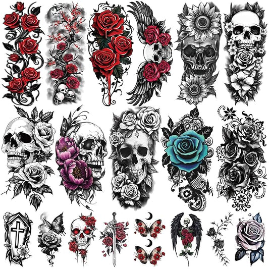 77 Sheets Skull Flower Realistic Temporary Tattoos For Women Men Adult, Large Rose Bones & Flowers Floral Fake Tattoos Girl, Skeleton and Spooky Halloween Temp Tatoo Sticker Thigh Back Leg Body Art