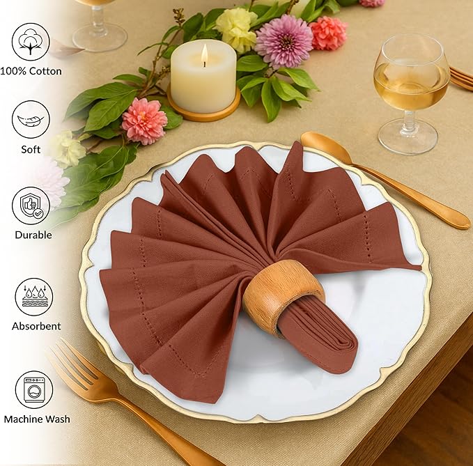 Ruvanti Cloth Napkins - 100% Cotton Dinner Napkins, Hem Stitched Corners, 18x18 Inch, 12 Pack - Soft, Absorbent, Durable, Reusable, Wrinkle Resistant for Formal Dining & Everyday Use - Rust