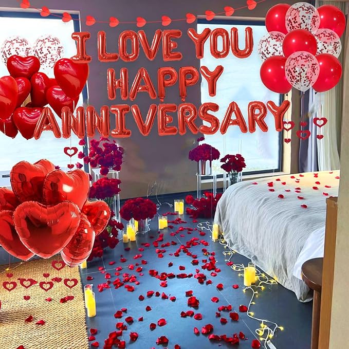 Red Happy Anniversary Decorations I LOVE YOU Letter Balloons - 1200pcs Red Artificial Rose Petals 16" Letter Balloons 18" Heart Foil Balloons Latex balloons heart balloons Hanging Swirls Heart Banner
