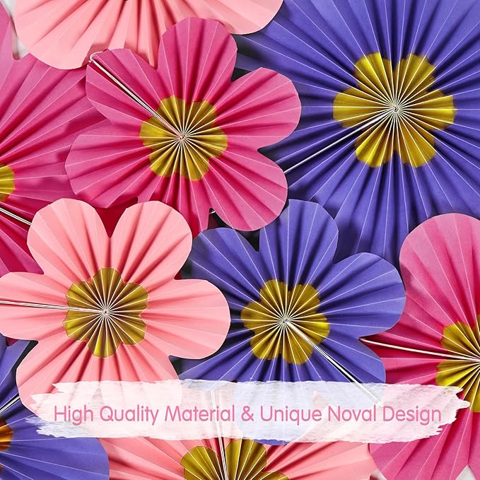 9 PCS Paper Fans Decorations, Pink and Purple Birthday Decorations, Paper Flowers, Classroom Decoration