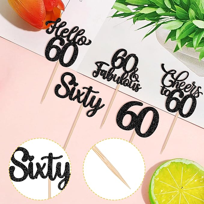 30PCS Happy 60th Birthday Cupcake Toppers Glitter Hello 60 Fabulous Sixty Cheers to 60 Years Old Birthday Cupcake Picks for Happy 60th Birthday Anniversary Party Cake Decorations Supplies Black