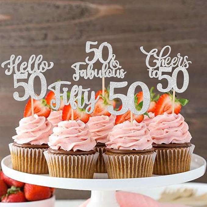 30PCS Happy 50th Birthday Cupcake Toppers Glitter Hello 50 Fabulous Fifty Cheers to 50 Years Old Birthday Cupcake Picks for Happy 50th Birthday Anniversary Party Cake Decorations Supplies Silver
