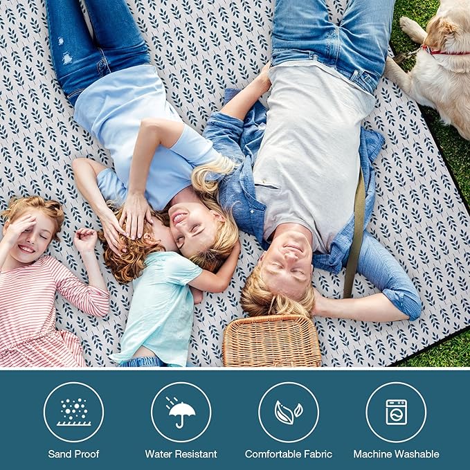 Picnic Blankets Washable | Beach Mat Sand Free Waterproof | Camping Blankets | Emergency Blankets | Picnic Baskets Accessories with Waterproof Backing and Shoulder Strap - Blue