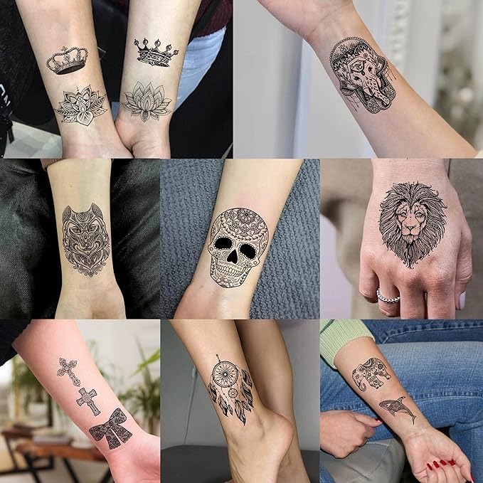 32 Sheets 89+ PCS Black Lotus Temporary Tattoos For Women Hands Adults Underboob, Tribal Indian Elephant Skull Snake Fake Tattoos, Bulk Bohemia Butterfly Tattoo Kit Sets Mandala Flower Moon