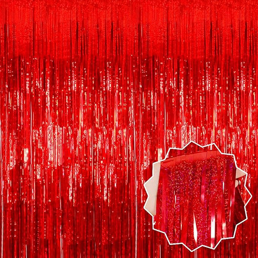 3 Pack Red Foil Fringe Curtains Backdrop, 3.28 x 8.2 Ft Metallic Streamers Tinsel Curtains Background for Photo Booth, Birthday, Christmas, Halloween, Thanksgiving, New Year Party Decorations