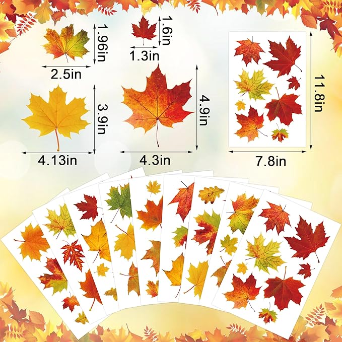 9 Sheets Fall Maple Leaves Window Clings Fall Leaves Double-Sided Window Decals Autumn Maple Leaf Windows Stickers for Autumn Thanksgiving Harvest Home Glass Living Room Bedroom Decoration