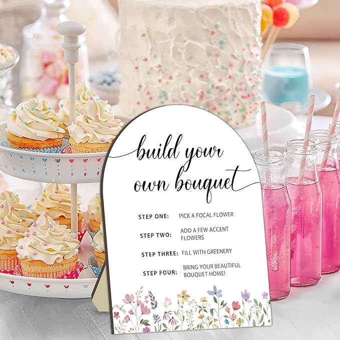Bouquet Bar Wooden Sign, Floral Station Board for Baby Party, Tabletop Welcome Sign for Baby Shower, Flower Table Signs for Gender Reveal Party, DIY Bloom Bouquet Table Decor Sign with Stand 8x10 In