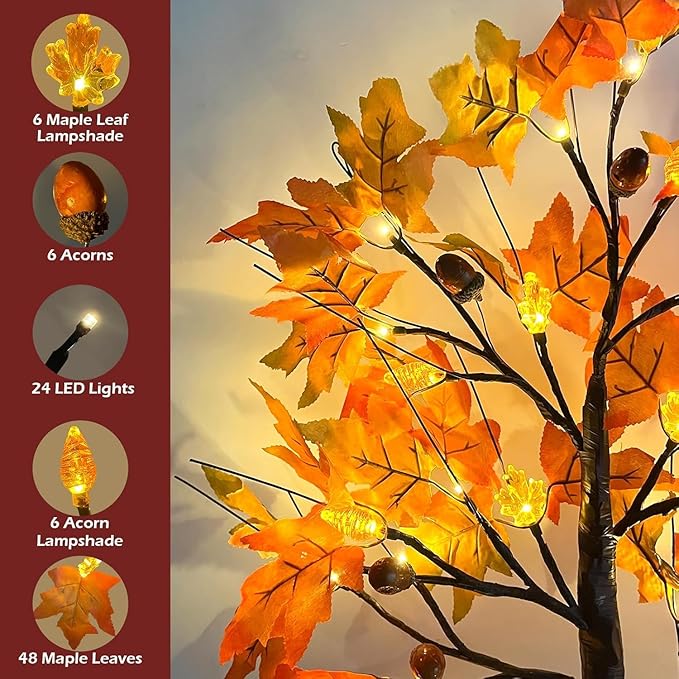 2 Pack 24 Inch Prelit Fall Maple Tree Decorations with 48 LEDs Timer Fall Battery Operated Lighted Artificial Pumpkin Acorn Light Up Maple Tree for Thanksgiving Harvest Table Home Indoor Decor