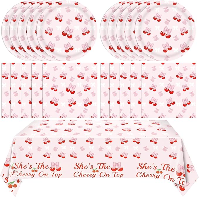 41Pcs Cherry Party Decorations,She's The Cherry On Top Theme Tableware,Cute Pink Bow Cherry Plates,Napkin,Tablecloth丨Girls Birthday Baby Shower Bachelorette Bridal Engagement Wedding Party Supplies