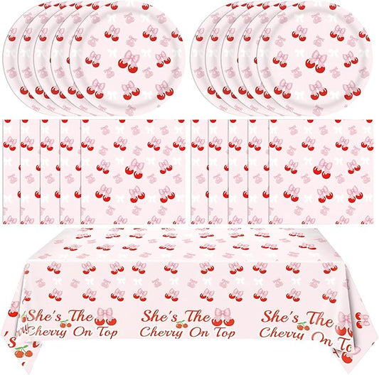 41Pcs Cherry Party Decorations,She's The Cherry On Top Theme Tableware,Cute Pink Bow Cherry Plates,Napkin,Tablecloth丨Girls Birthday Baby Shower Bachelorette Bridal Engagement Wedding Party Supplies