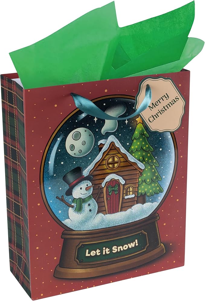 RACHELLE'S Snow Globe Christmas Gift Bag – Small 9"x7"x3" (1-Pack) – Sturdy Paper Gift Bag with Tissue Paper, Tag and Handle – Let It Snow – Perfect for Christmas Holiday Gifting & Party Favors