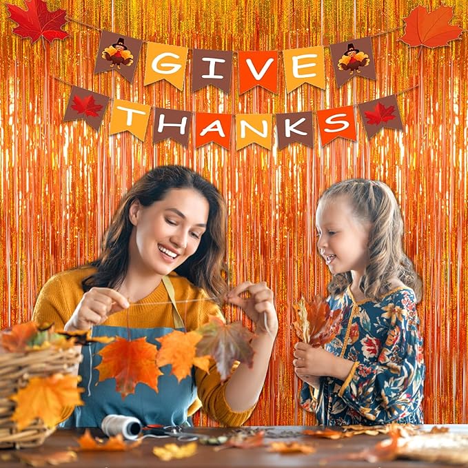 Reusable Foil Fringe Curtains Thanksgiving Decorations - Melsan 3 Pack 3.2 x 8.2 ft Tinsel Curtain Party Photo Backdrop for Birthday Party Baby Shower or Graduation Decorations (Orange)
