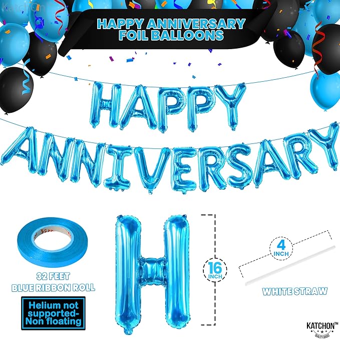 KatchOn Blue Happy Anniversary Balloons - 16 Inch, Foil with Happy Anniversary Banner and Backdrop