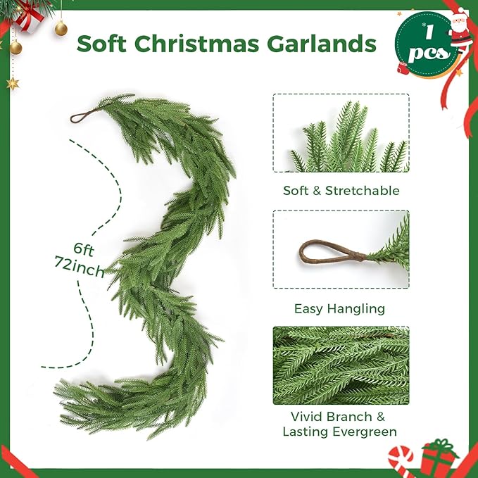 6 FT Christmas Norfolk Pine Garlands, Winter Decor Real Touch Pine Garland, Artificial Greenery Xmas Garland for Holiday, Table, Wall, Fireplace, Mantel, Indoor & Outdoor Decoration (1 Pack, 6 FT)