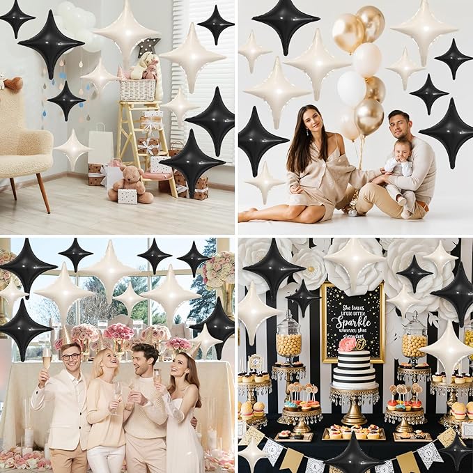 Black White Star Balloons,12Pcs Four Angle Star Foil Balloons,26Inch and 10Inch Black Cream White Quadrangle Helium Balloon for Birthday Baby Shower Anniversary Party Decorations