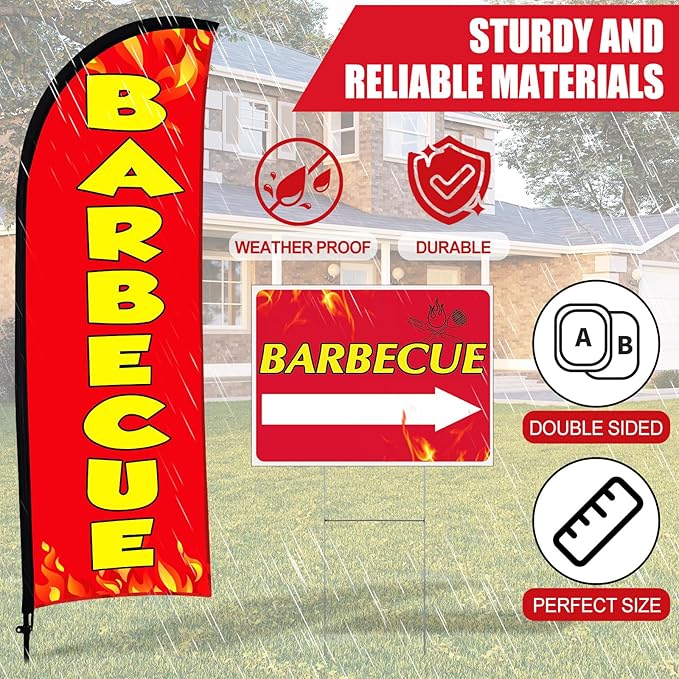 Buryeah BBQ Sign Banner Set Including 1 Pack Barbecue Feather Flag Banner 3 Pack Double Sided Directional Arrow Barbecue Yard Signs with Metal Stake for Business Advertising Outdoor Ground (Red)