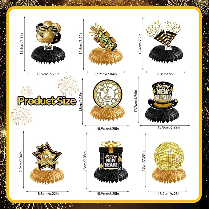8 Pieces New Years Centerpieces, Gold and Black NYE Party Table Centerpieces for New Years Eve Party Supplies 2026