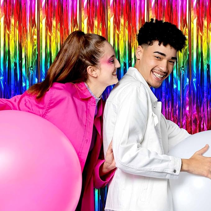 3 Pack Rainbow Foil Fringe Curtains Backdrop, 3.28 x 6.6 Ft Metallic Streamers Tinsel Curtains Background for Photo Booth, Birthday, Halloween, Christmas, Thanksgiving, New Year Party Decorations