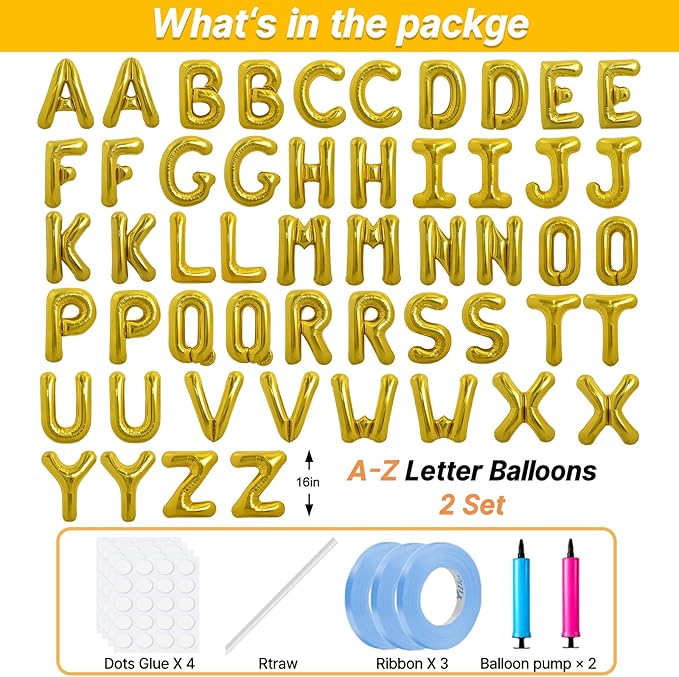 LIOZEOKUN Letter Balloons 16 Inch Alphabet A-Z Mylar Foil Balloons 2 Set for Wedding Birthday Party Decoration Banner Custom Phrase 52 Pcs