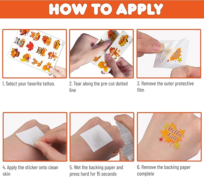 96 PCS Hello Fall Autumn Leaves Animal Pumpkin Pre-Cut Temporary Tattoos for Kids | Cute Themed Birthday Party Favors, Supplies, Decorations, Fake Tattoo Stickers, School Rewards Gifts & Boys & Girls