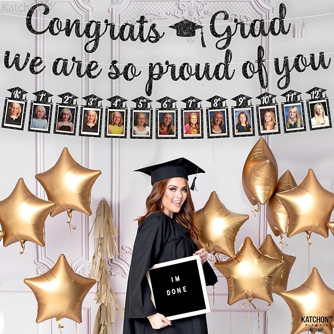 KatchOn, Glitter Black Congrats Graduation Banner - Large, No DIY, 10 Feet | We are So Proud of You Banner | K-12 Grad Photo Banner for Graduation Decorations 2025 | Grad Decorations Class of 2025