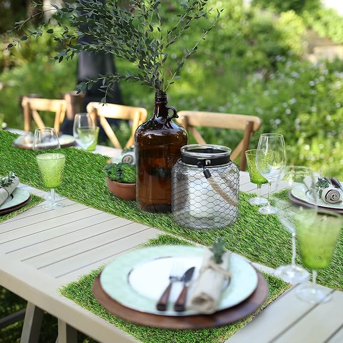 GLOBREEN Artificial Grass Squares Placemats Green Table Centerpiece Decor Golf Theme Party, Birthday, Spring Summer Garden Picnic, Baby Shower, Dining, 12" x 12", 6 Pack