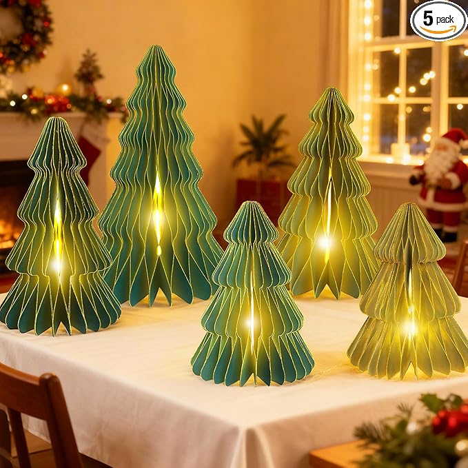 5Pcs Large Green Christmas Table Decorations Paper Christmas Trees, Light Up Honeycomb Xmas Tree Centerpieces for Tables, Christmas Frozen Winter Wonderland Party Vintage Home Decor, 12/14/16 Inch