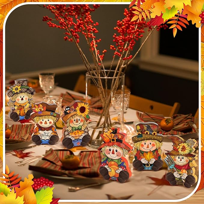 6 Pcs Thanksgiving Scarecrow Decorations Fall Wooden Scarecrow Table Centerpieces Autumn Standing Wooden Block Signs for Home Kitchen Tabletop Thanksgiving Tiered Tray Decor