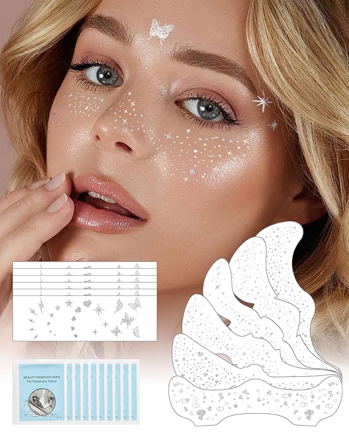 Glitter Freckles Face Tattoo Patches - 12PCS Temporary Sparkle Face Stickers with 10 Remover Wipes | Waterproof Festival Rave Party Makeup Accessories for Women Girls (Silver)