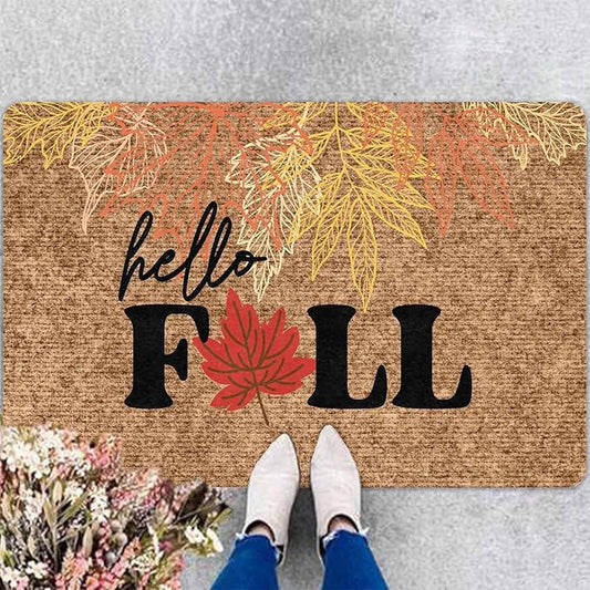 Hello Fall Door Mat, Fall Maple Leaves Welcome Mat for Indoor Outdoor Entrance Floor Mats Non Slip Vintage Doormat for Autumn Halloween Thanksgiving Farmhouse Decor, 24"x16"inch