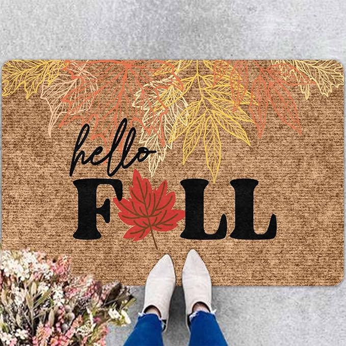 Hello Fall Door Mat, Fall Maple Leaves Welcome Mat for Indoor Outdoor Entrance Floor Mats Non Slip Vintage Doormat for Autumn Halloween Thanksgiving Farmhouse Decor