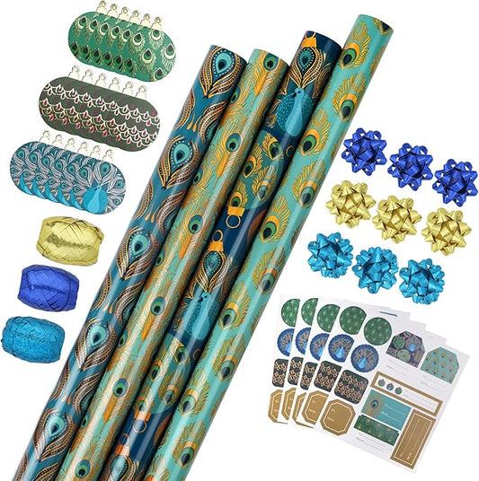 WRAPAHOLIC Peacock Christmas Wrapping Paper Set - Green Peacock Elements Patterns with Metallic Foil Shine Wrapping Paper Bundle with Gift Bow & Ribbon & Tag & Sticker