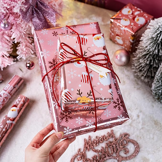 MAYPLUSS Christmas Wrapping Paper Jumbo Rolls with Gridlines - 30IN X 120IN - 4 Roll-Christmas Tree Santa Claus Snowflakes Reindeer Joyful for New Year Holiday Kids