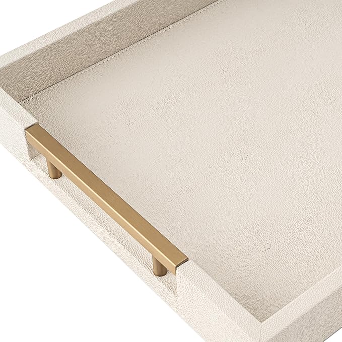 Beige Faux Leather Serving Tray with Handles – Large Decorative Tray for Coffee Table, Ottoman, Living Room, Bathroom – Home Decor