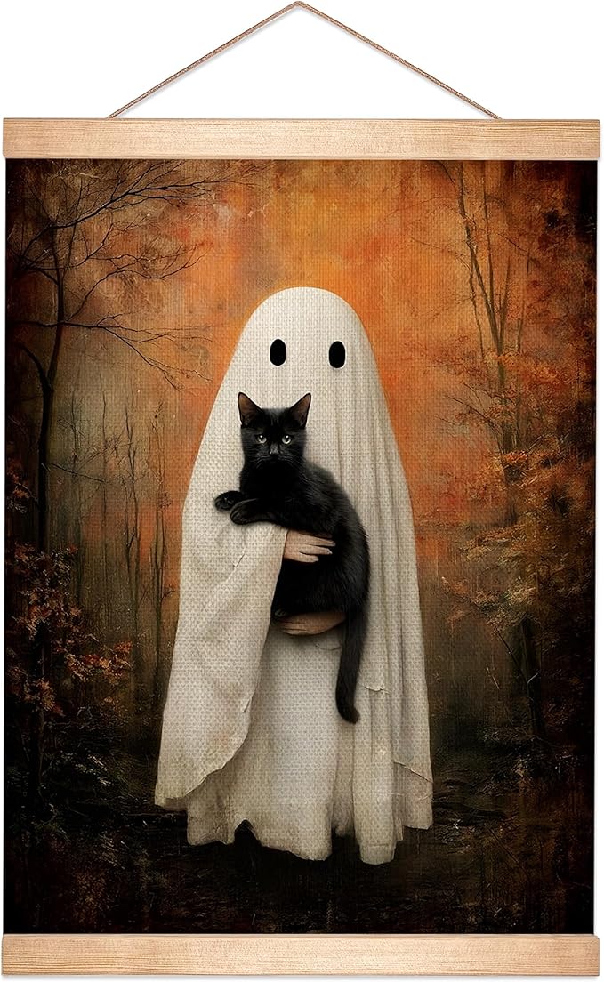 Rustic Ghost and Black Cat Wall Art 18.5x14 Inch,Fun Ghost Linen Canvas Wall Hanging Poster Decor, Retro Gothic Haunted House Theme Wall Poster for Library Reading Corner,Halloween Decorations (BLK05)
