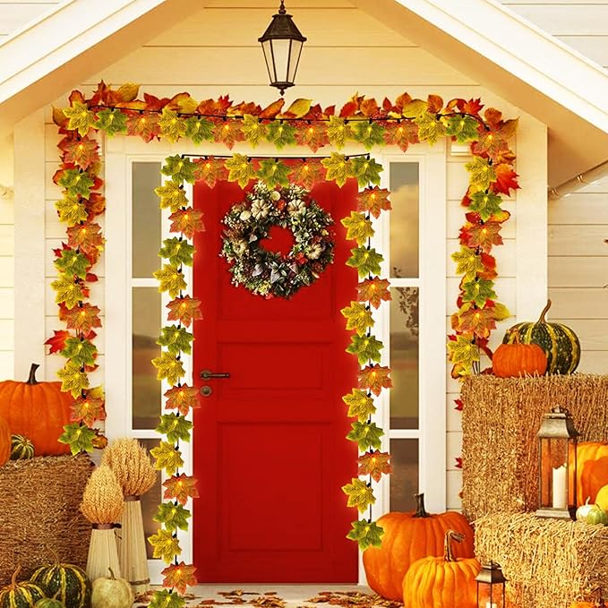 Fall Garland with Lights,13.5ft 35 LED Fall Decor String Lights with Orange Green Yellow Leaf Lights,Thanksgiving Decorations Garland for Home Porch Front Door Table Mantel Halloween Decor