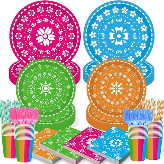 120PCS Mexican Fiesta Plates and Napkins Party Supplies, Cinco De Mayo Party Decorations Tableware Set for Mexico Taco Carnival Colorful Carnival Birthday Pinata Platters Dance Party Serves 20