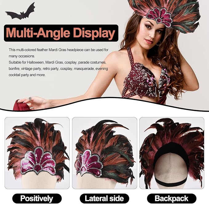 Women's Carnival Feather Headpieces Sequin Headdress for Wedding Masquerade Party Cosplay Feather Headbands