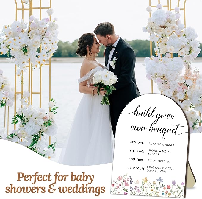 Bouquet Bar Wooden Sign, Floral Station Board for Baby Party, Tabletop Welcome Sign for Baby Shower, Flower Table Signs for Gender Reveal Party, DIY Bloom Bouquet Table Decor Sign with Stand 8x10 In