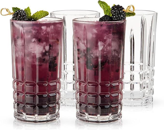 Viski Highland Highball Drinking Glasses Set of 4 - Premium Crystal Square Cut Tall Cocktail Glassware Gift Set, 12 oz