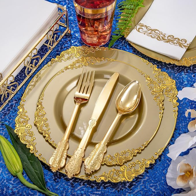 Morejoy 175PCS Solid Gold Plastic Plates with Gold Rim，gold disposable dinnerware sets Include 25 Dinner Plates,25 Dessert Plates,25 Cutlery Sets,25 Napkins Perfect for Party & Thanksgiving